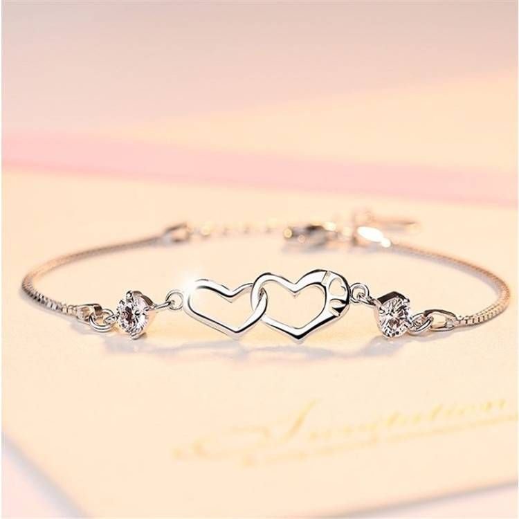 Sterling Silver Crystal Heart Charm Bracelet for Women