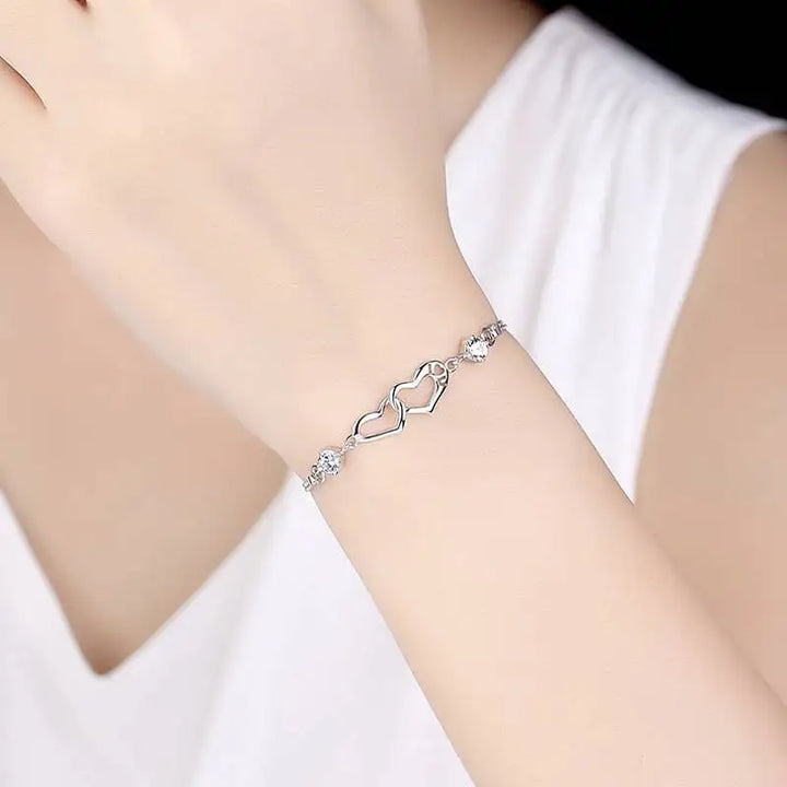 Sterling Silver Crystal Heart Charm Bracelet for Women