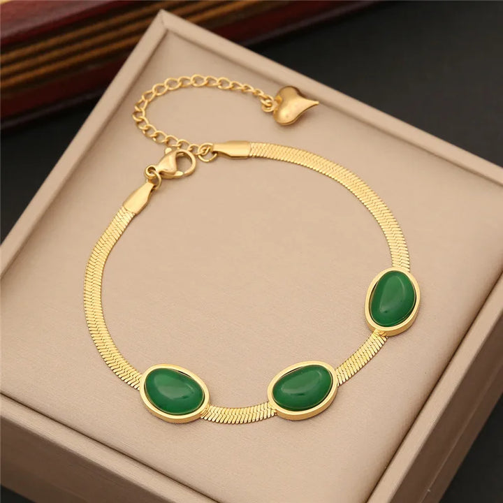 316L Stainless Steel Simple Flat Snake Chain Emerald Stone Pendant Bracelet Necklace Earring Set Indian Jewelry