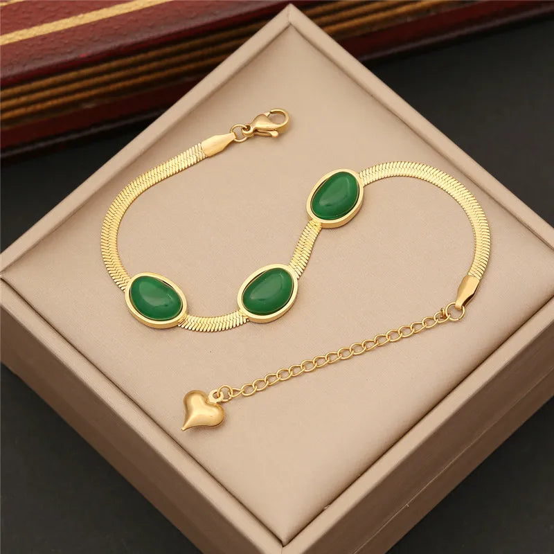 316L Stainless Steel Simple Flat Snake Chain Emerald Stone Pendant Bracelet Necklace Earring Set Indian Jewelry