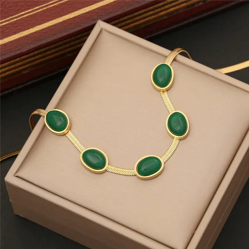 316L Stainless Steel Simple Flat Snake Chain Emerald Stone Pendant Bracelet Necklace Earring Set Indian Jewelry