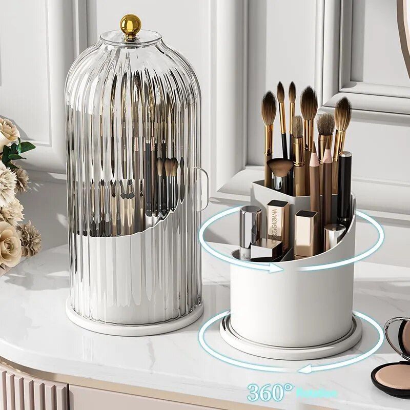 Luxury Rotating Makeup Organizer with Lid - Compact Cosmetic Storage for Brushes & Lipsticks