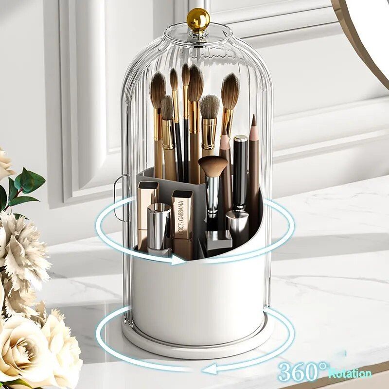 Luxury Rotating Makeup Organizer with Lid - Compact Cosmetic Storage for Brushes & Lipsticks