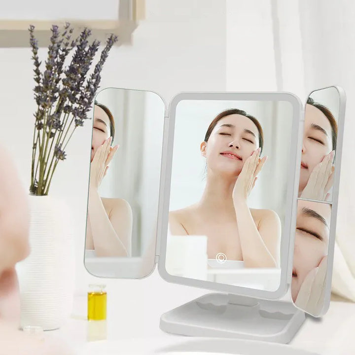 Tri-Fold LED Makeup Mirror with 3-Color Lighting