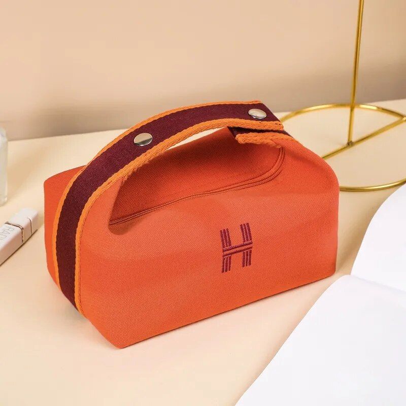 Chic Waterproof Canvas Makeup Organizer - Fashionable Cosmetic Travel Pouch