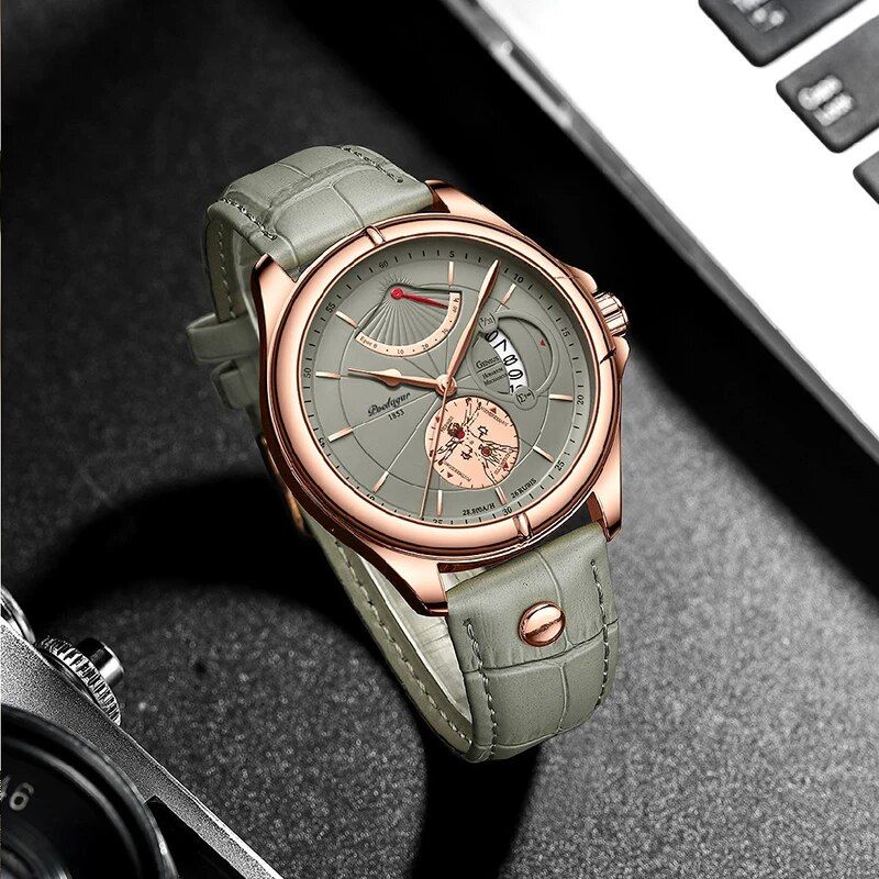 Ultra Thin Luxury Waterproof Sport Watch with Leather Strap and Calendar Feature